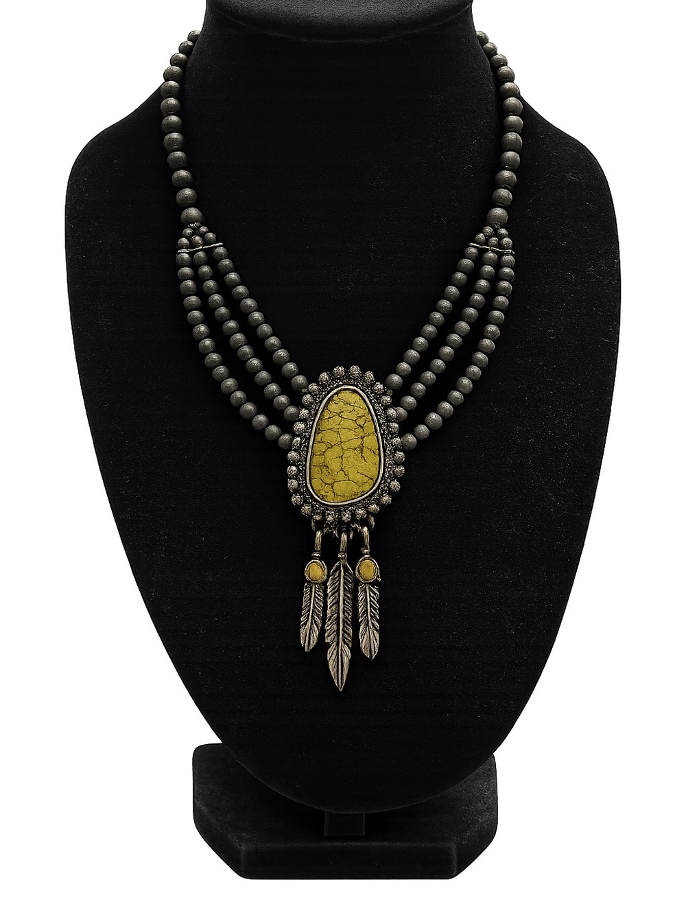 Boho Yellow Stone Feather Pendant Multi-Strand Necklace